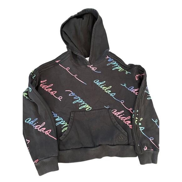 Adidas Girls' Black Script Logo Rainbow Cropped Pullover Hoodie Size Small - Picture 1 of 6
